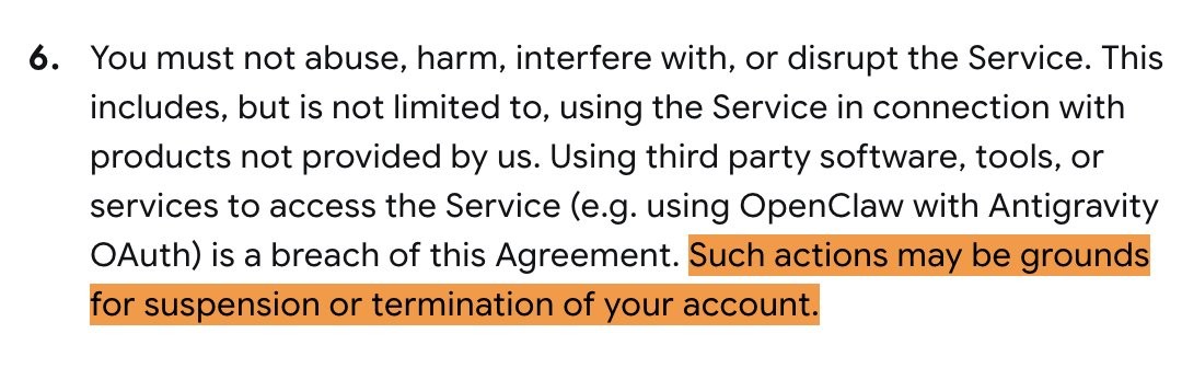 Google Antigravity TOS: 3rd party usage can get Google account suspended